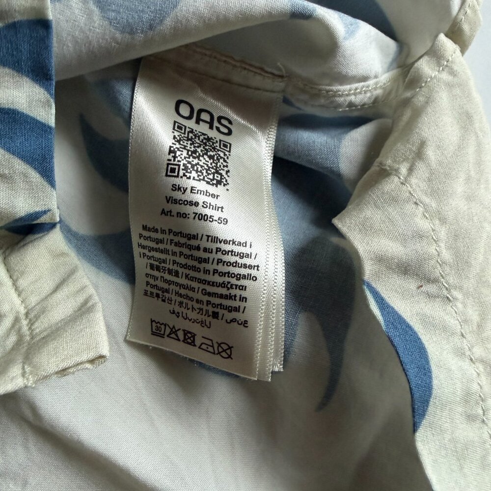 OAS Cream/ Blue Wave Print Camp Collar Resort Shirt - Men's Large - Picture 4 of 5